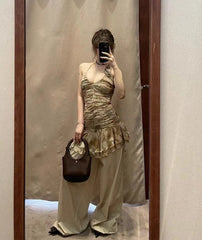 Beige Ruched Flower Halter Dress | Hanni – NewJeans