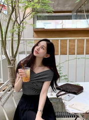 Karina Stripe Wrap Off Shoulder Top