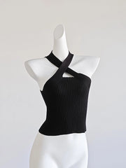 Yuna Noir Ribbed Halter Top