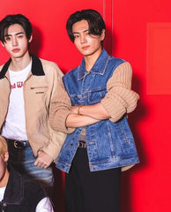 Blue Spliced Denim Jacket With Knit Sleeves | Jay – Enhypen