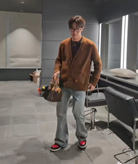 Brown Minimalist V-Neck Knit Cardigan | J-Hope – BTS