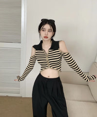 Chaeryeong Ivory Stripe Cut-Out Crop Top