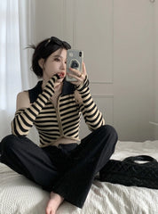 Chaeryeong Ivory Stripe Cut-Out Crop Top