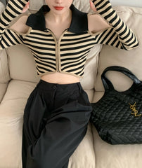 Chaeryeong Ivory Stripe Cut-Out Crop Top