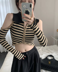 Chaeryeong Ivory Stripe Cut-Out Crop Top