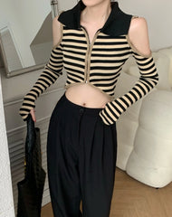 Chaeryeong Ivory Stripe Cut-Out Crop Top