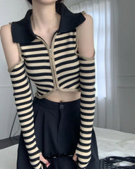 Chaeryeong Ivory Stripe Cut-Out Crop Top