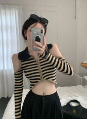 Chaeryeong Ivory Stripe Cut-Out Crop Top