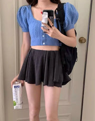 Danielle Blue Puff-Sleeve Knit Top