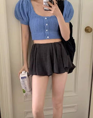 Danielle Blue Puff-Sleeve Knit Top
