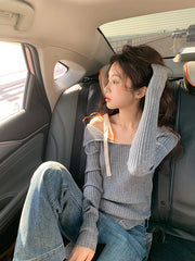 Yuna Grey Lace Shoulder Top