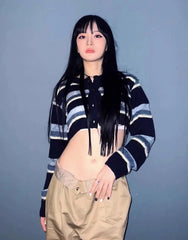 Minji Indigo Striped Cropped Cardigan