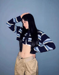 Minji Indigo Striped Cropped Cardigan