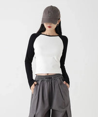 Minji White Contrast Long Sleeve Top