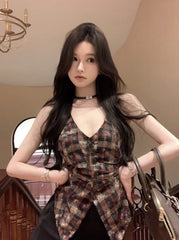 Red Vintage Plaid Halter Vest | Gaeul – IVE