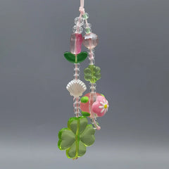 Green Bead Pink Flower Charm