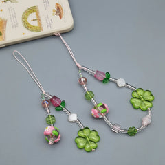 Green Bead Pink Flower Charm