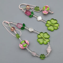 Green Bead Pink Flower Charm
