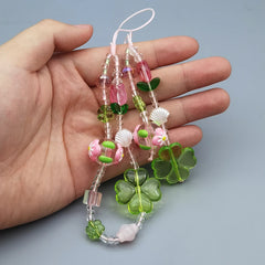 Green Bead Pink Flower Charm