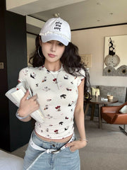 Rei White Puppy Print Fitted T-Shirt