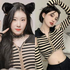 Chaeryeong Ivory Stripe Cut-Out Crop Top