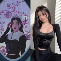 Black Silk Corset Long Sleeves Crop Top | Asa- BabyMonster