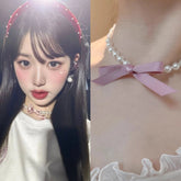 Wonyoung White Pearl Pink Bow Necklace