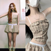 Yuna Beige Plaid Sling Top