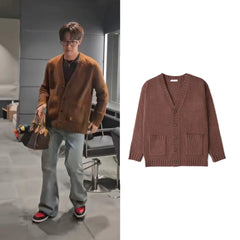 Brown Minimalist V-Neck Knit Cardigan | J-Hope – BTS