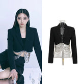 Yuna Black Crystal Chain Cropped Jacket