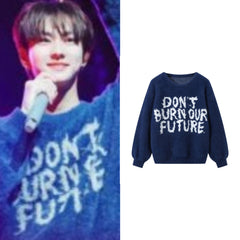 Jungwon Indigo “Don’t Burn Our Future” Knit Sweater