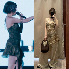 Beige Ruched Flower Halter Dress | Hanni – NewJeans