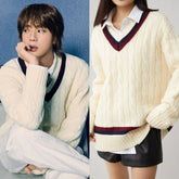 Beige Contrast-Trim V-Neck Sweater | Jin – BTS