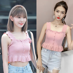 Pink Sleeveless Ruffled Knitted Top | Sakura – Le Sserafim