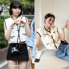 White Contrast Trim Buttoned Knitted Vest | Chaewon – Le Sserafim