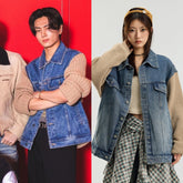 Blue Spliced Denim Jacket With Knit Sleeves | Jay – Enhypen