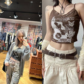 Liz Brown Eyelet Graphic Sling Top