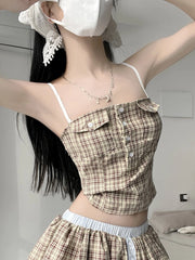 Yuna Beige Plaid Sling Top