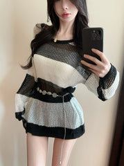 Ahyeon Stripes Hollow Knit Sweater