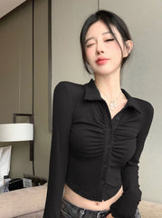 Ahyeon Pleated Button-Up Cropped Shirt