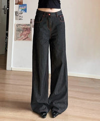 Black Wide-Leg Jeans With Pink Stitches | Iroha – ILLIT