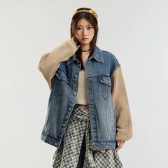 Blue Spliced Denim Jacket With Knit Sleeves | Jay – Enhypen