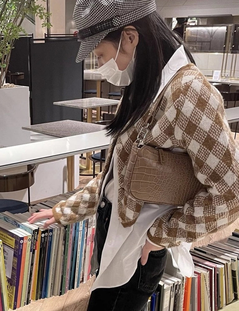 Brown Plaid Cropped Cardigan | Jennie – BlackPink