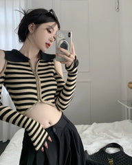 Chaeryeong Ivory Stripe Cut-Out Crop Top