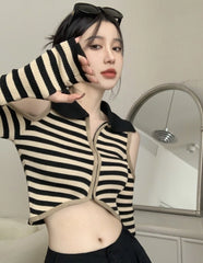 Chaeryeong Ivory Stripe Cut-Out Crop Top