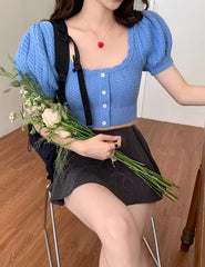 Danielle Blue Puff-Sleeve Knit Top