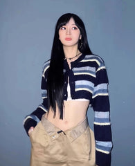 Minji Indigo Striped Cropped Cardigan