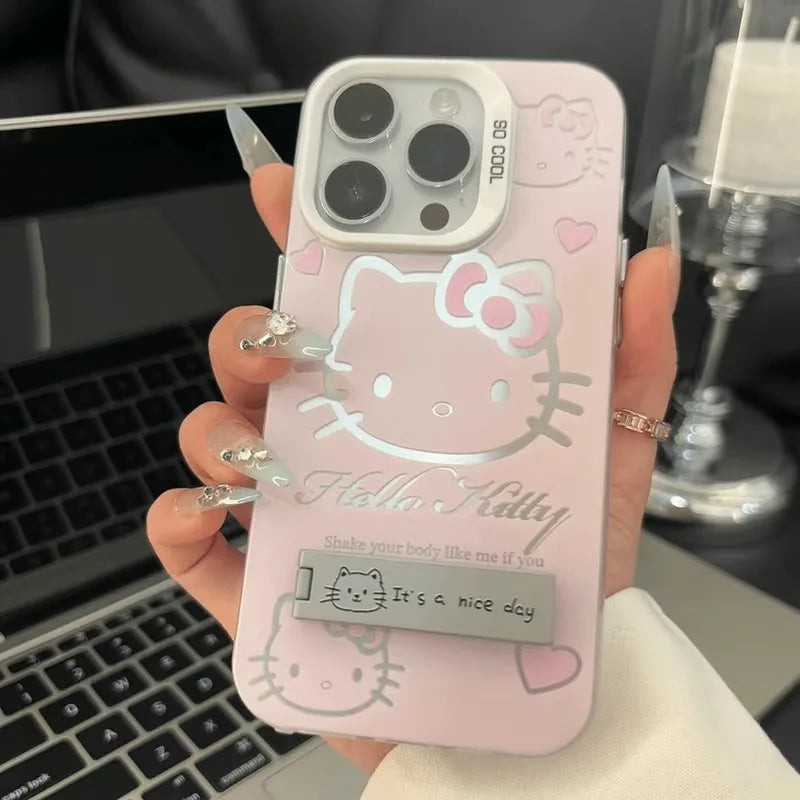 Luxury Pink Hello Kitty With Bracket Phone Case For iPhone 16 15 14 13 12 11 ProMax XR XS 7 8 Plus Soft Anti Drop Silicone Cover
