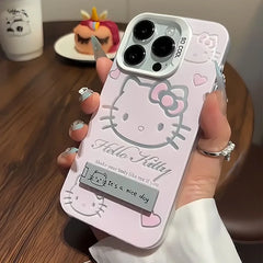 Luxury Pink Hello Kitty With Bracket Phone Case For iPhone 16 15 14 13 12 11 ProMax XR XS 7 8 Plus Soft Anti Drop Silicone Cover