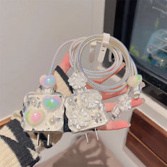 Kawaii Floral USB Cable Sleeve – 3D Epoxy White Flower Cover for iPhone 18W/20W Adapter Line